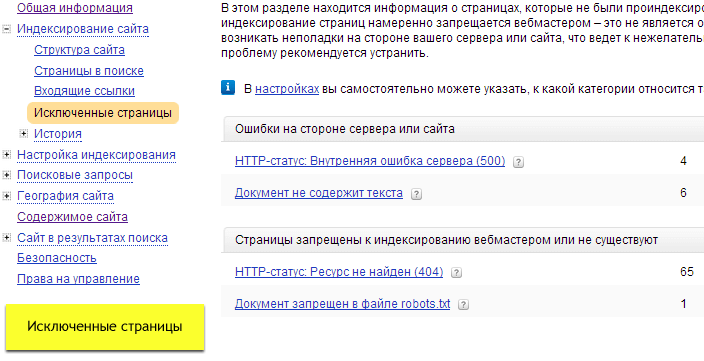Исключенные страницы в панели Яндекс.Вебмастер
