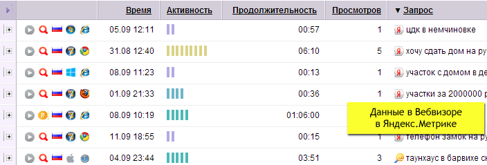 Данные в Вебвизоре в Яндекс.Метрике